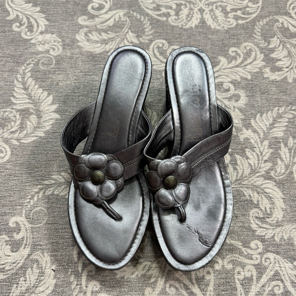 Coach Womens Silver Signature Wedge Thong Sandals Floral Logo Medallion